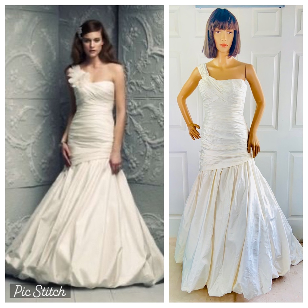 Paloma Blanca One Shoulder Ruched Bodice Bubble Hem Wedding Dress